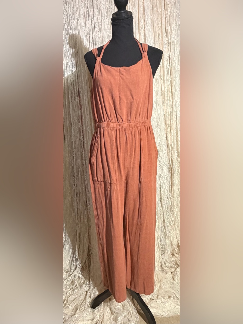 Lumiere Burnt Orange Halter-Neck Wide-Leg Jumpsuit